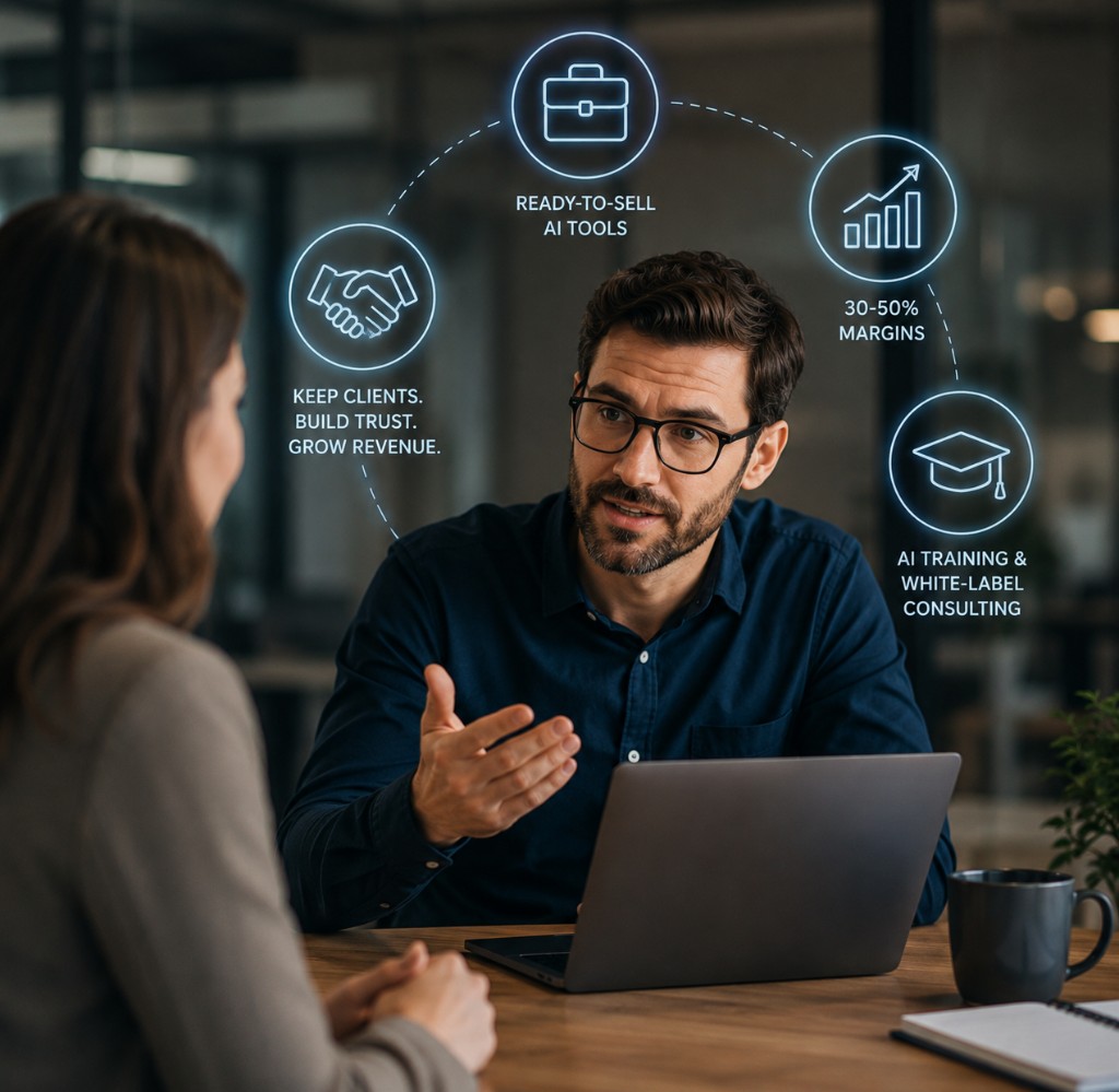 MSP consultant explaining ready-to-sell AI tools, margins, and white-label consulting to a client