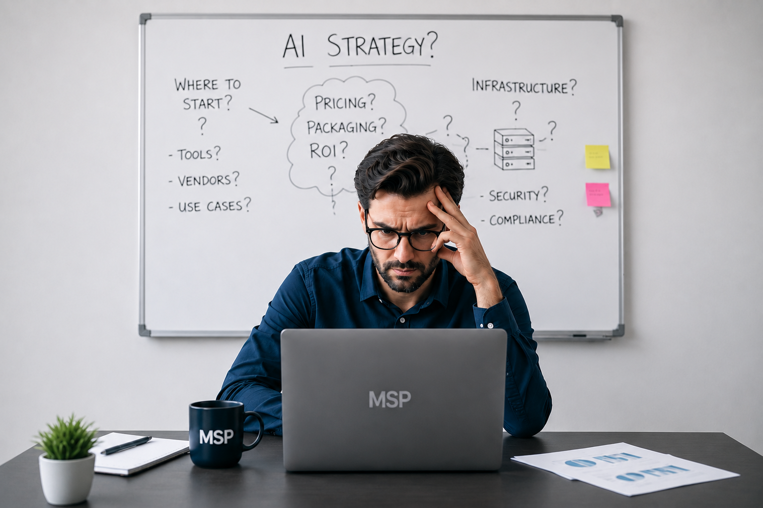 MSP owner facing an AI strategy whiteboard: where to start, vendors, use cases, pricing, packaging, and compliance